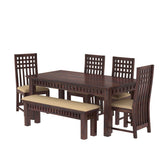 Amer Solid Sheesham Wood 6 Seater Dining Set With Bench (With Cushion, Walnut Finish)